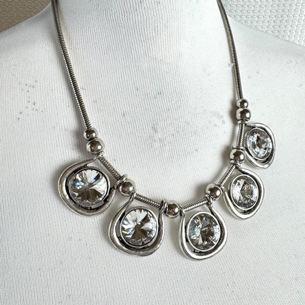 Large Rhinestone Statement Necklace Silver Tone Bib Style Bold Fashion Bling EUC